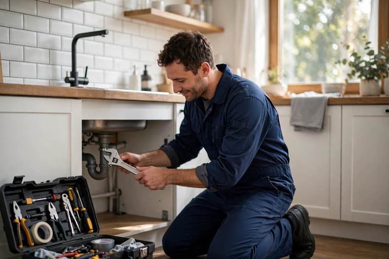 Plumber fixing a kitchen sink